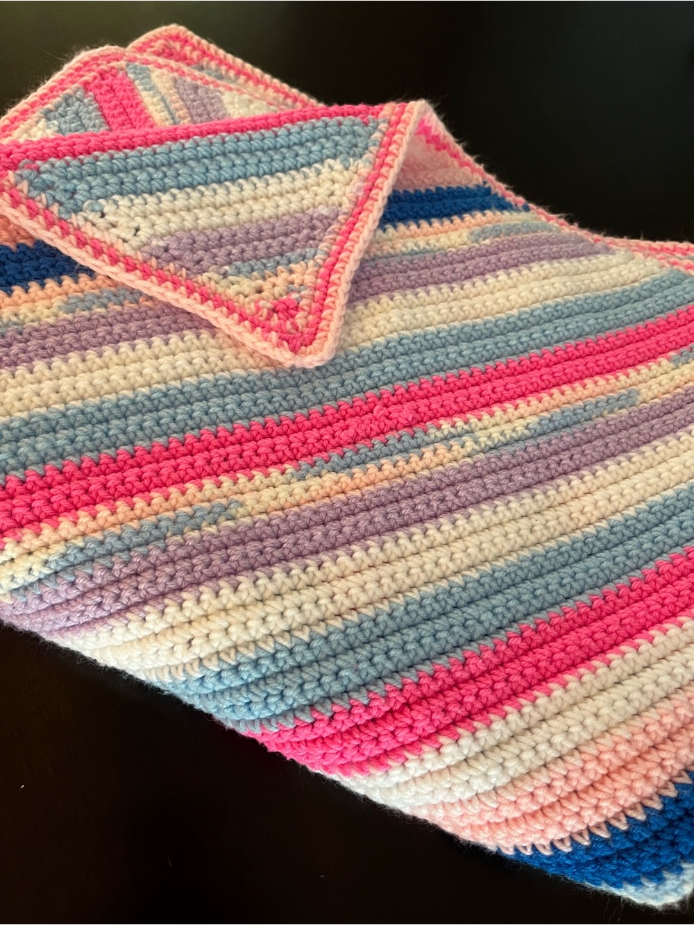 Handmade Striped Crochet Baby Blanket in Pink, Blue, Cream & Purple - Picture 4 of 8